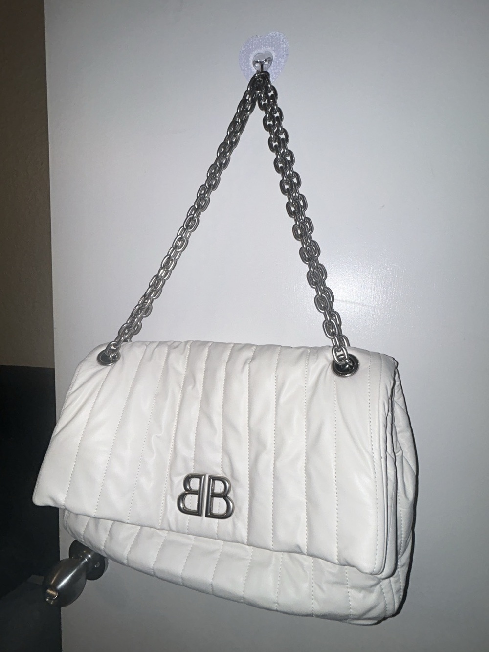 BB Quilted Chain-Handle Shoulder Bag in White